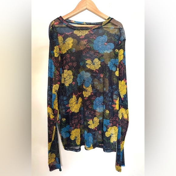 Zara Tops - Zara Floral Sheer Blouse Women’s | Sz Large |  Shimmer | Blue, Yellow, Black